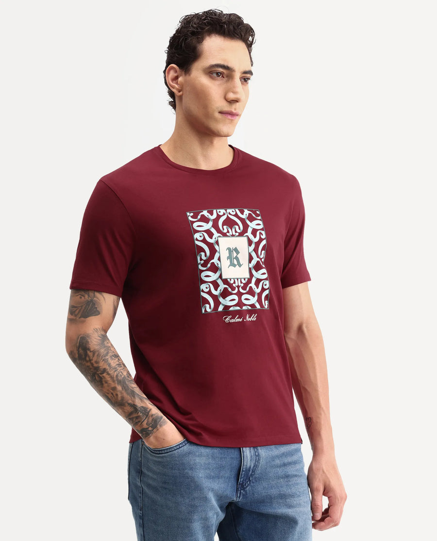 Rare Rabbit Men's Timol Dark Red Cotton Blend Crew Neck Regular Graphic Print T-Shirt