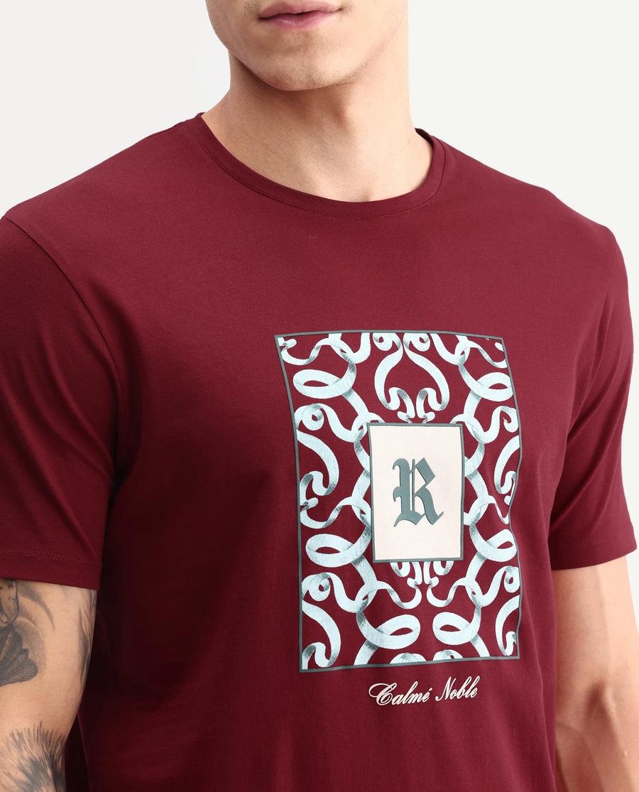 Rare Rabbit Men's Timol Dark Red Cotton Blend Crew Neck Regular Graphic Print T-Shirt