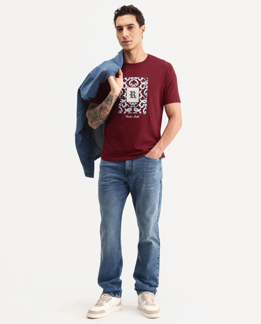 Rare Rabbit Men's Timol Dark Red Cotton Blend Crew Neck Regular Graphic Print T-Shirt