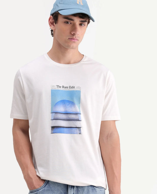 Rare Rabbit Men's Matr Off White Cotton Blend Crew Neck Regular Graphic Print T-Shirt