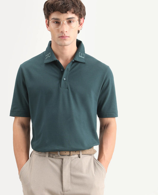 Rare Rabbit Men's Fabios Petrol Cotton Regular Fit Half Sleeves Plain Polo