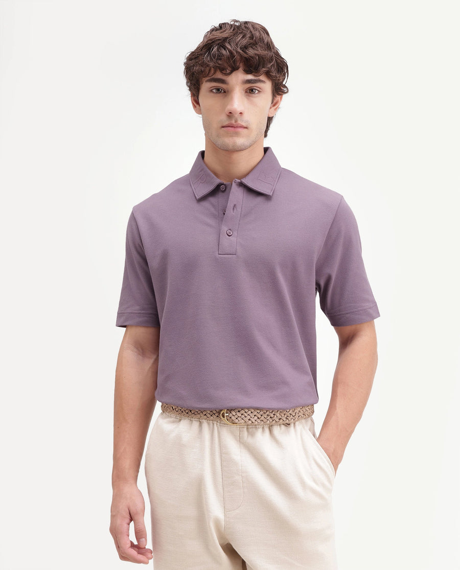 Rare Rabbit Men's Fabios Dusky Purple Cotton Regular Fit Half Sleeves Plain Polo
