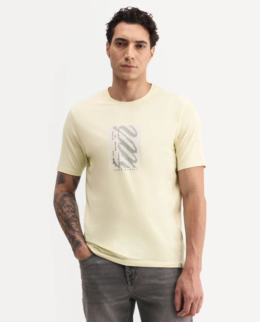 Rare Rabbit Men's Mangs Light Yellow Cotton Blend Crew Neck Regular Graphic Print T-Shirt