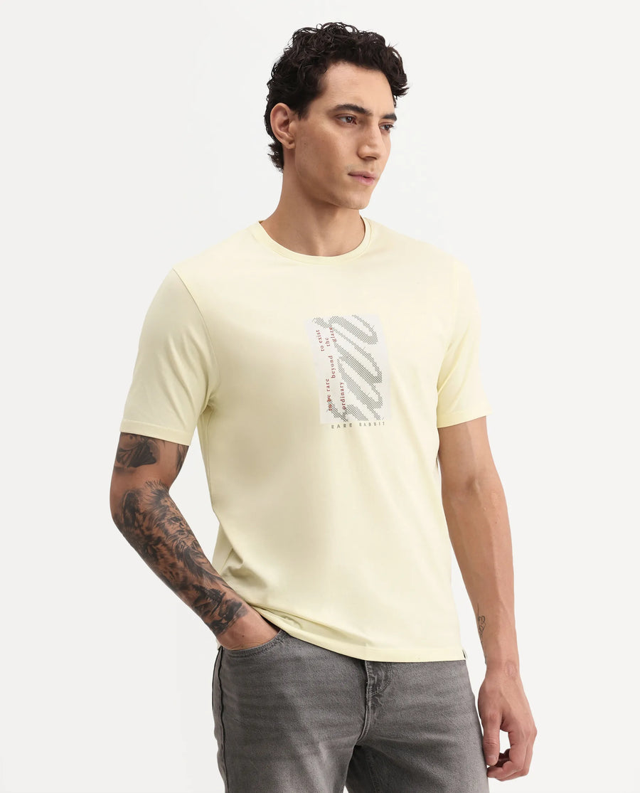 Rare Rabbit Men's Mangs Light Yellow Cotton Blend Crew Neck Regular Graphic Print T-Shirt