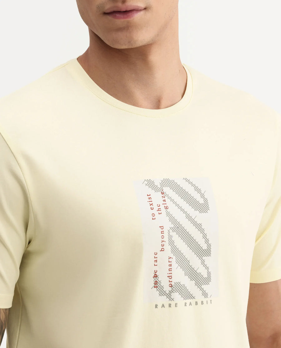 Rare Rabbit Men's Mangs Light Yellow Cotton Blend Crew Neck Regular Graphic Print T-Shirt