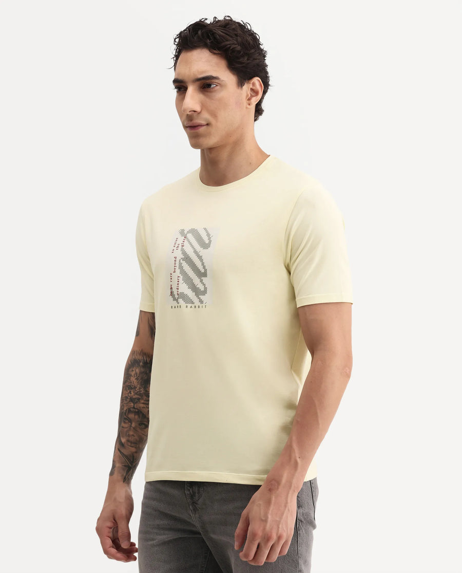 Rare Rabbit Men's Mangs Light Yellow Cotton Blend Crew Neck Regular Graphic Print T-Shirt