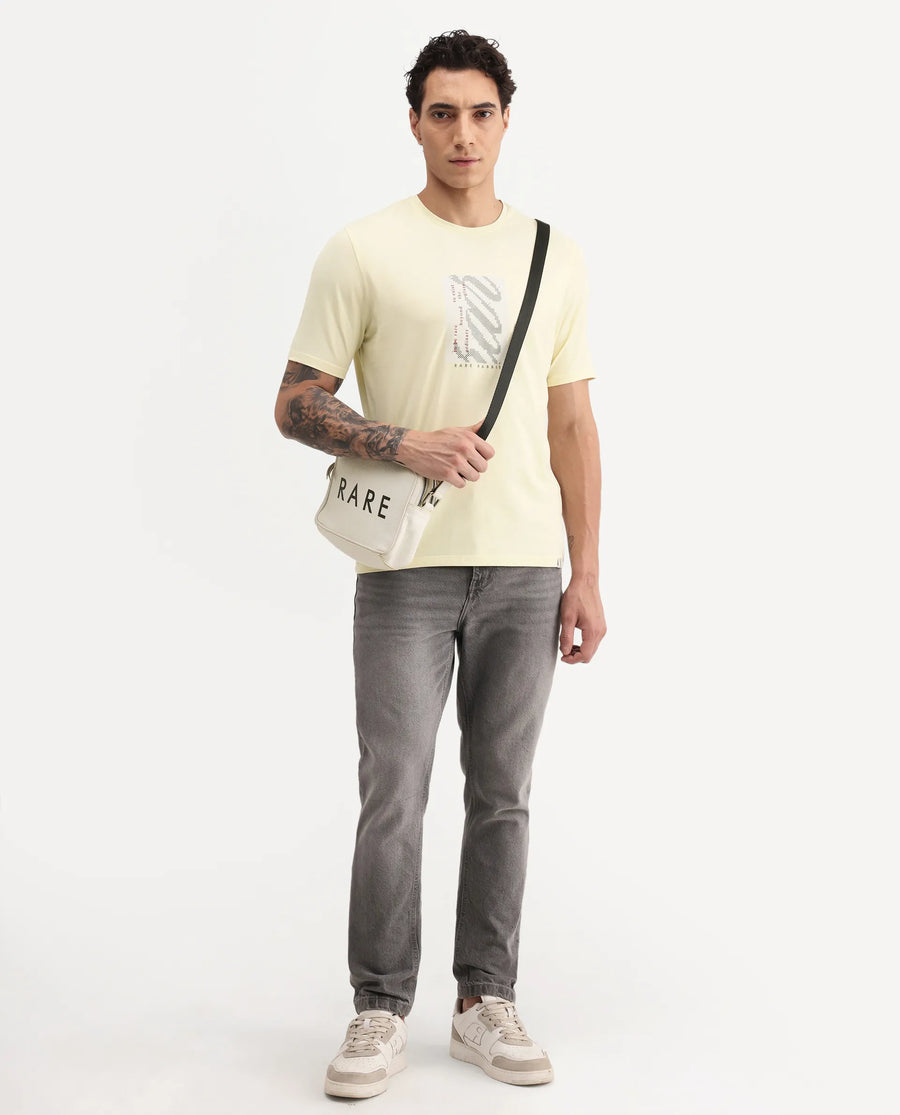 Rare Rabbit Men's Mangs Light Yellow Cotton Blend Crew Neck Regular Graphic Print T-Shirt