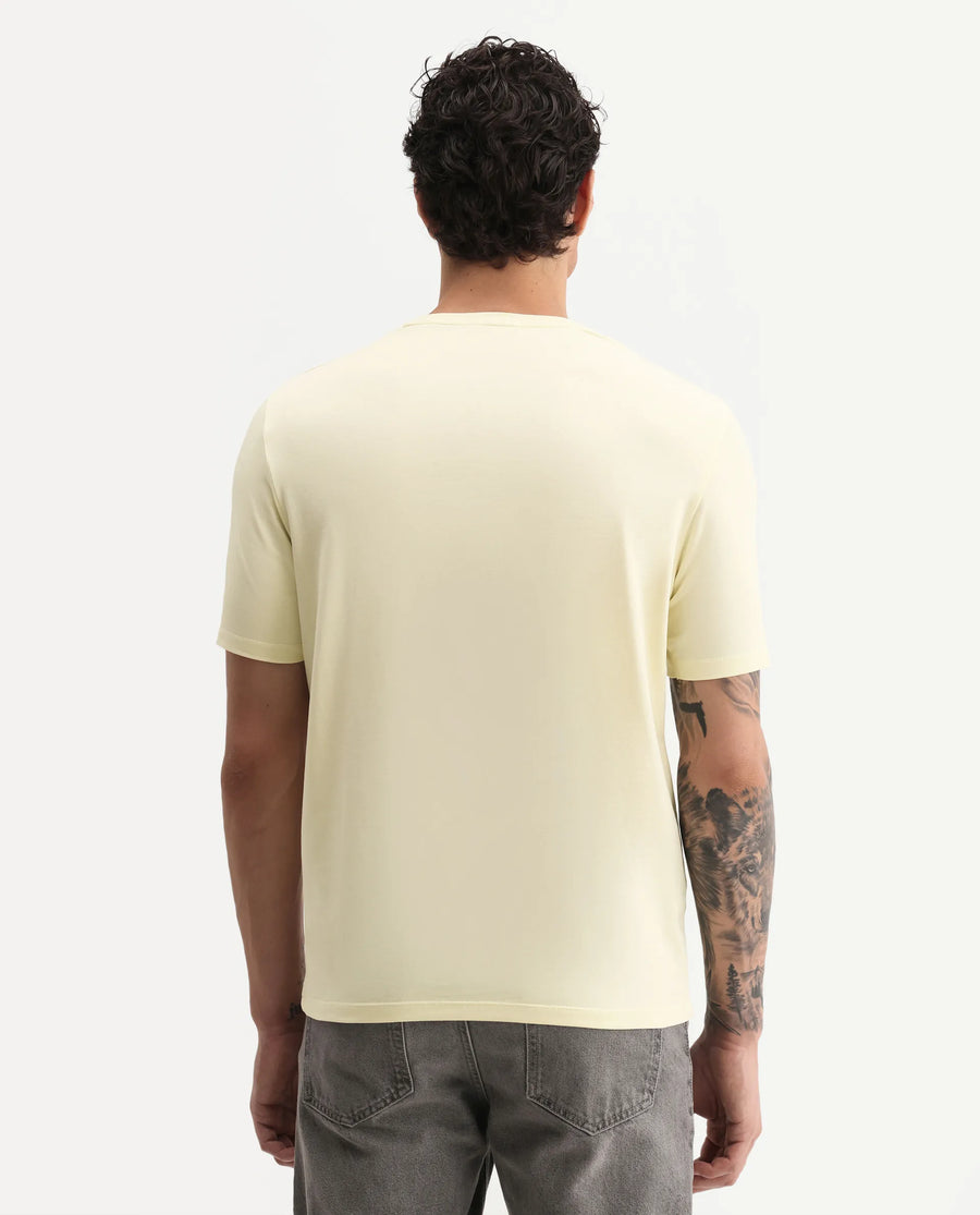 Rare Rabbit Men's Mangs Light Yellow Cotton Blend Crew Neck Regular Graphic Print T-Shirt
