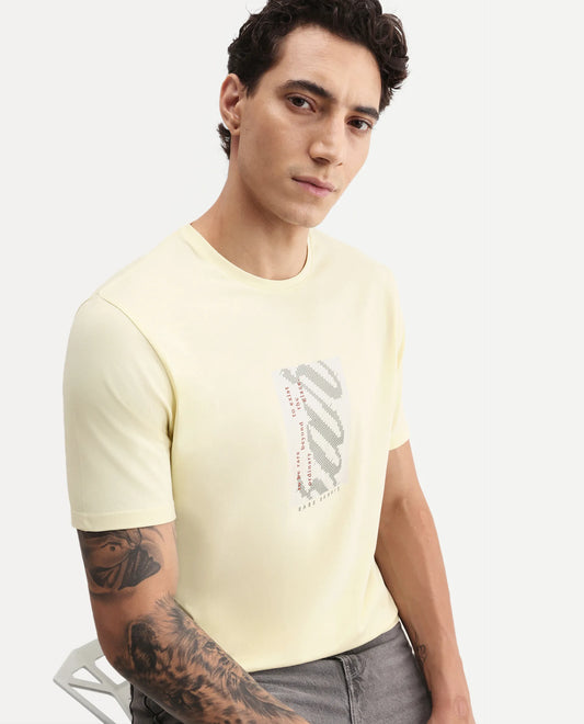 Rare Rabbit Men's Mangs Light Yellow Cotton Blend Crew Neck Regular Graphic Print T-Shirt