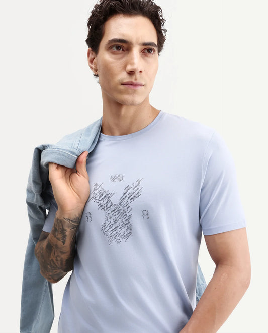 Rare Rabbit Men's Pufr Light Blue Cotton Blend Crew Neck Regular Graphic Print T-Shirt