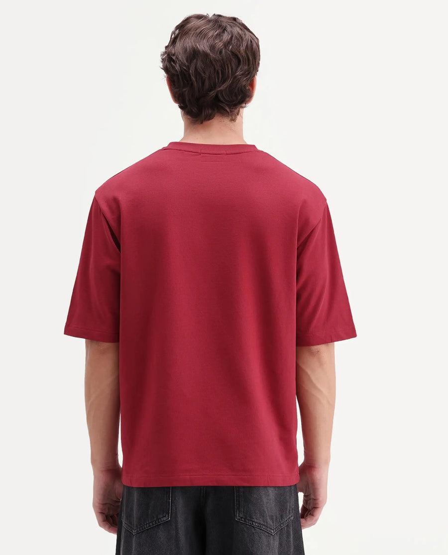 Rare Rabbit Men's Tuft Red Cotton Crew Neck Regular Embroidered T-Shirt