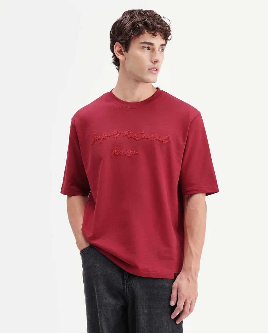Rare Rabbit Men's Tuft Red Cotton Crew Neck Regular Embroidered T-Shirt