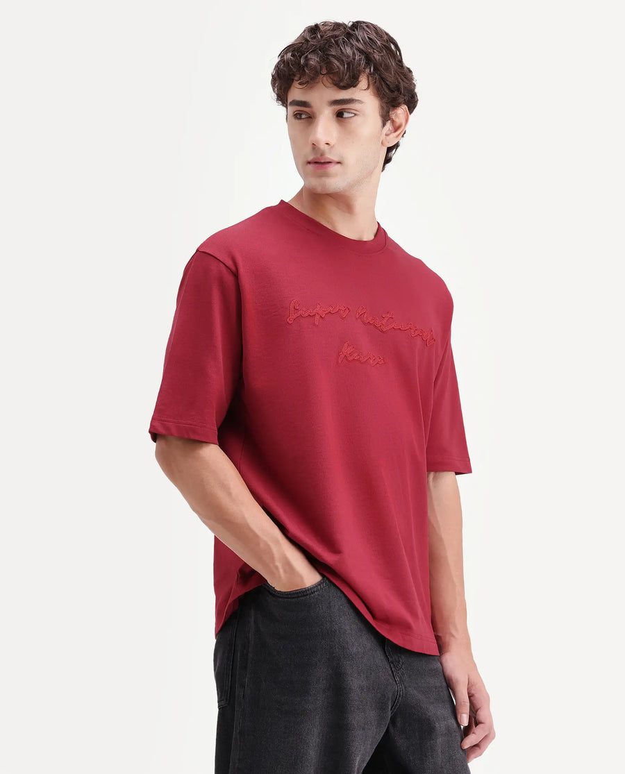 Rare Rabbit Men's Tuft Red Cotton Crew Neck Regular Embroidered T-Shirt