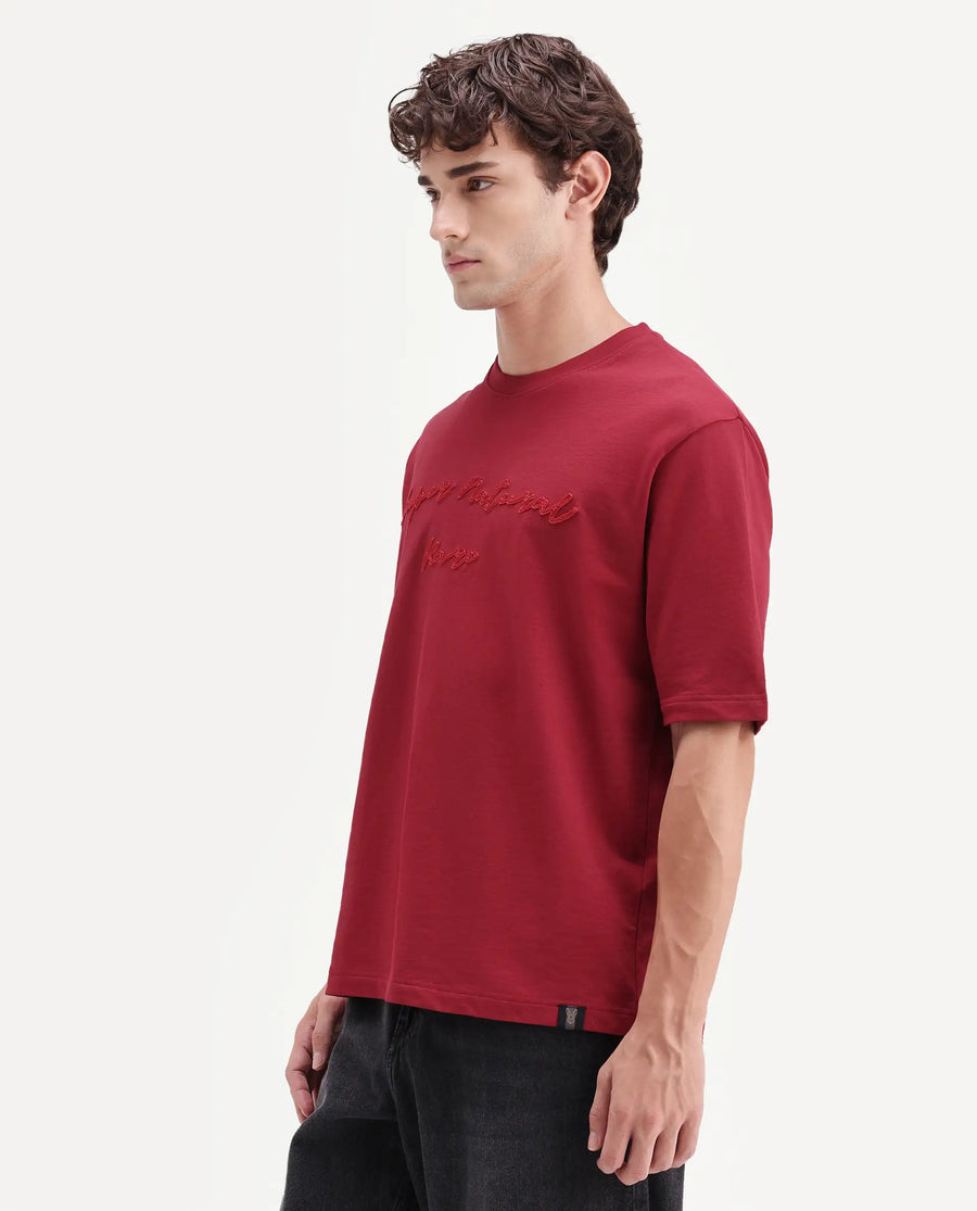 Rare Rabbit Men's Tuft Red Cotton Crew Neck Regular Embroidered T-Shirt
