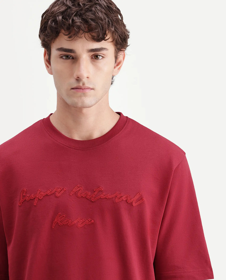 Rare Rabbit Men's Tuft Red Cotton Crew Neck Regular Embroidered T-Shirt
