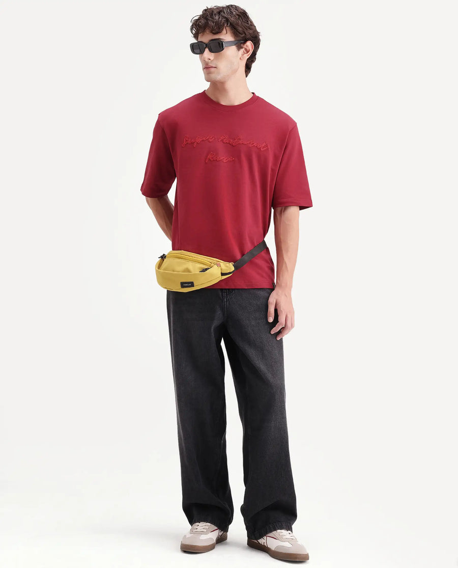 Rare Rabbit Men's Tuft Red Cotton Crew Neck Regular Embroidered T-Shirt
