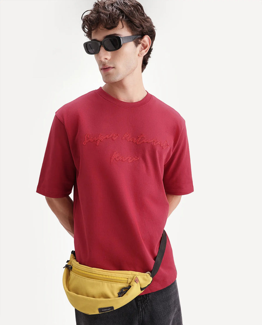 Rare Rabbit Men's Tuft Red Cotton Crew Neck Regular Embroidered T-Shirt
