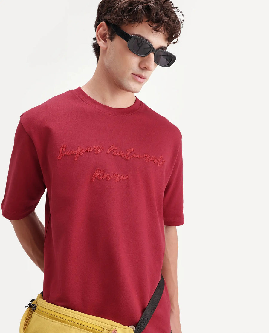 Rare Rabbit Men's Tuft Red Cotton Crew Neck Regular Embroidered T-Shirt
