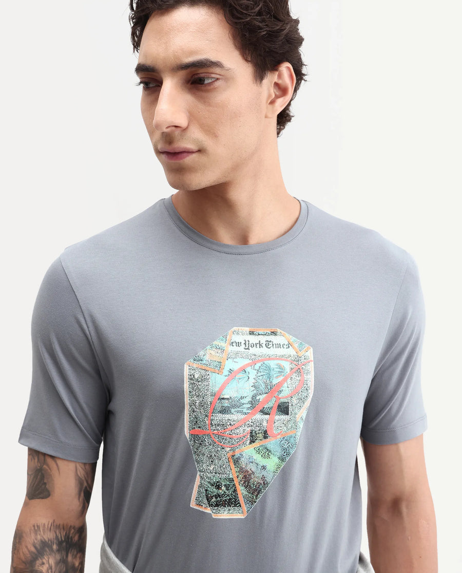 Rare Rabbit Men's Heko Grey Cotton Blend Crew Neck Regular Graphic Print T-Shirt