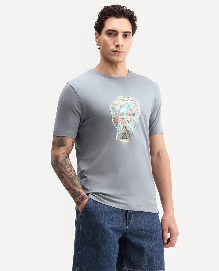 Rare Rabbit Men's Heko Grey Cotton Blend Crew Neck Regular Graphic Print T-Shirt