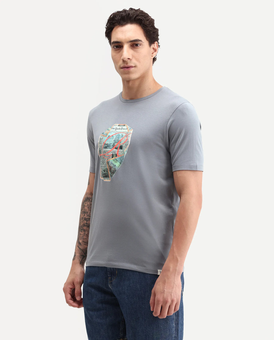 Rare Rabbit Men's Heko Grey Cotton Blend Crew Neck Regular Graphic Print T-Shirt