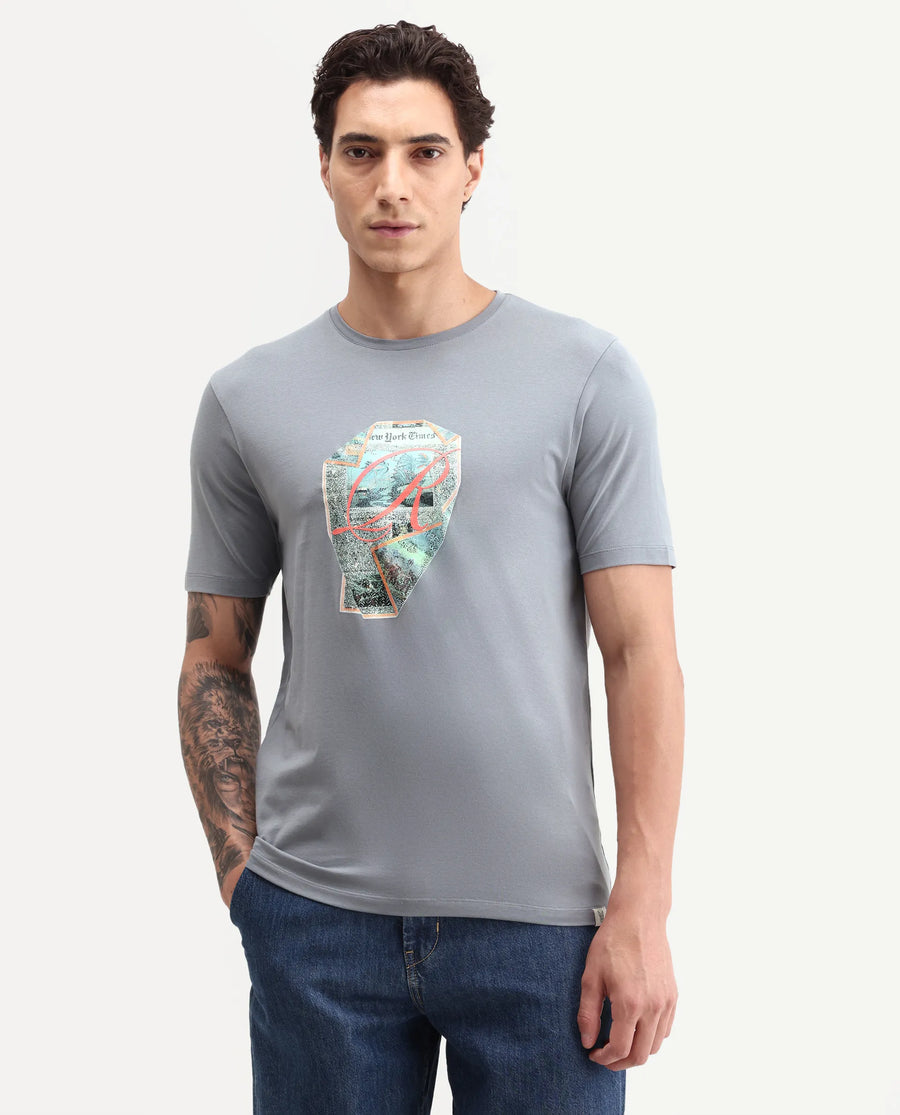 Rare Rabbit Men's Heko Grey Cotton Blend Crew Neck Regular Graphic Print T-Shirt