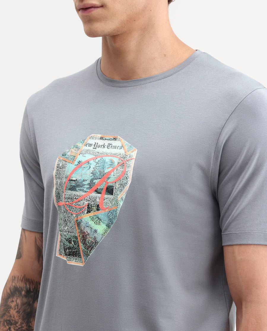 Rare Rabbit Men's Heko Grey Cotton Blend Crew Neck Regular Graphic Print T-Shirt