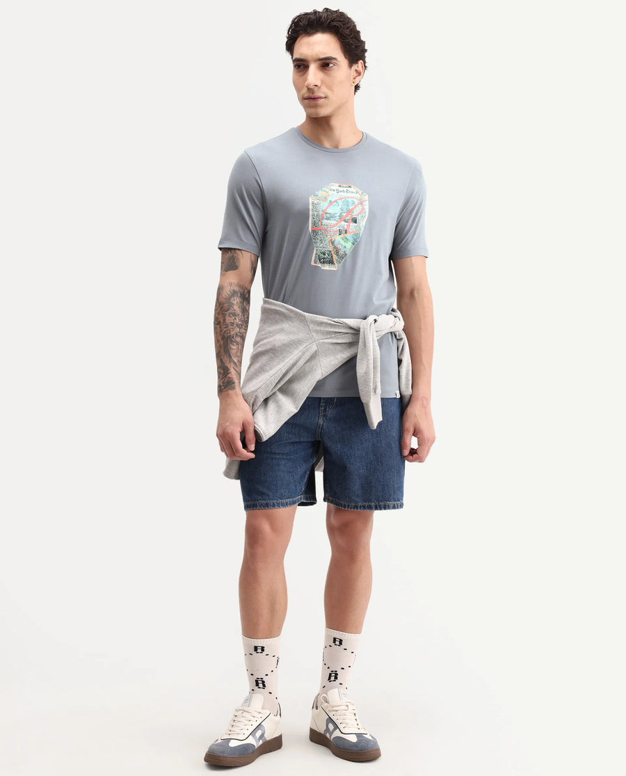 Rare Rabbit Men's Heko Grey Cotton Blend Crew Neck Regular Graphic Print T-Shirt