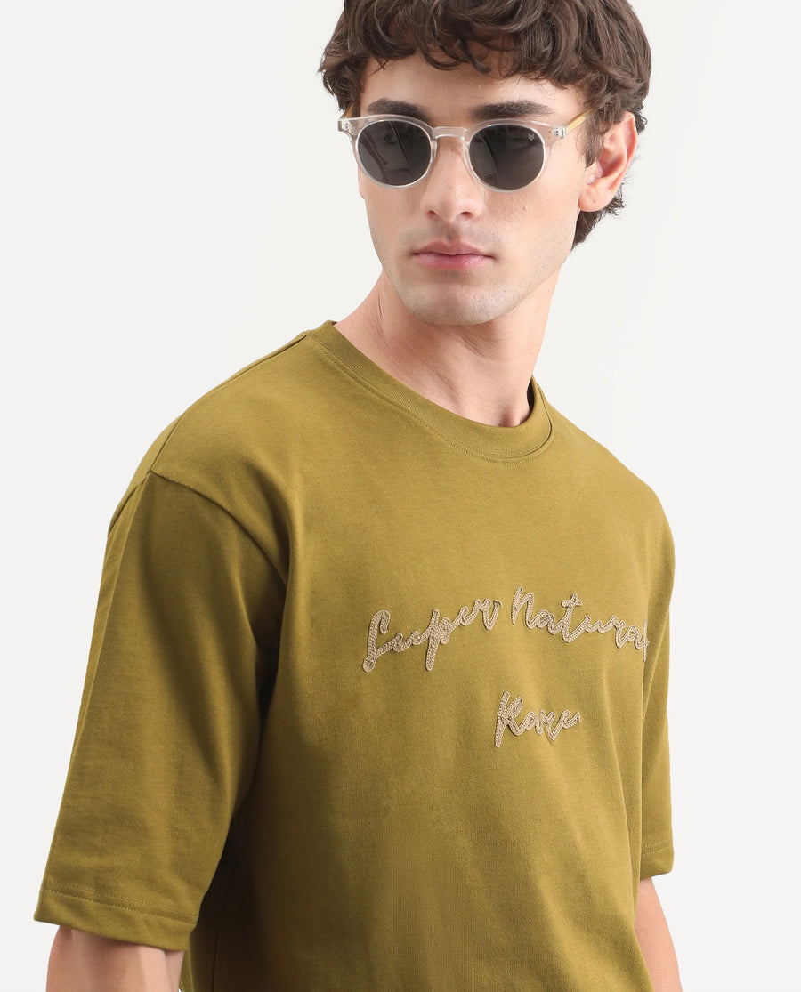 Rare Rabbit Men's Tuft Olive Cotton Crew Neck Regular Embroidered T-Shirt
