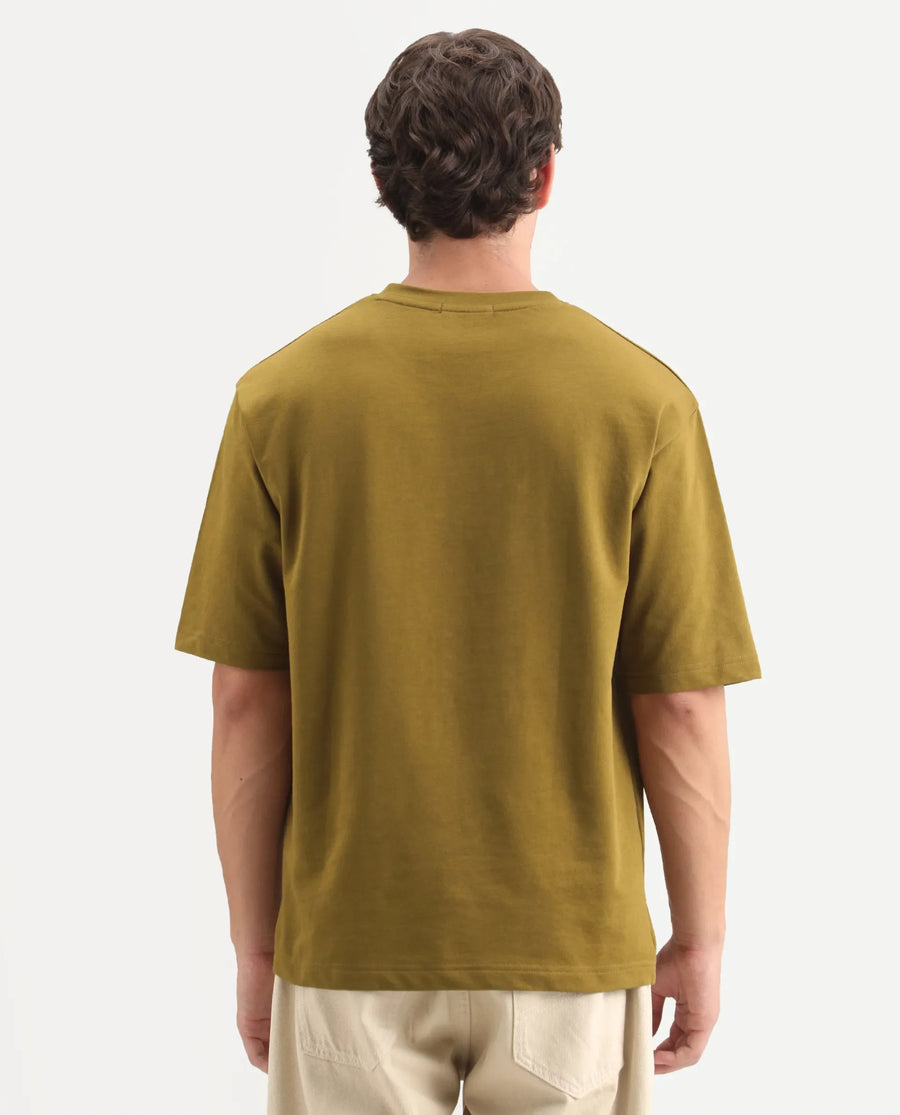 Rare Rabbit Men's Tuft Olive Cotton Crew Neck Regular Embroidered T-Shirt