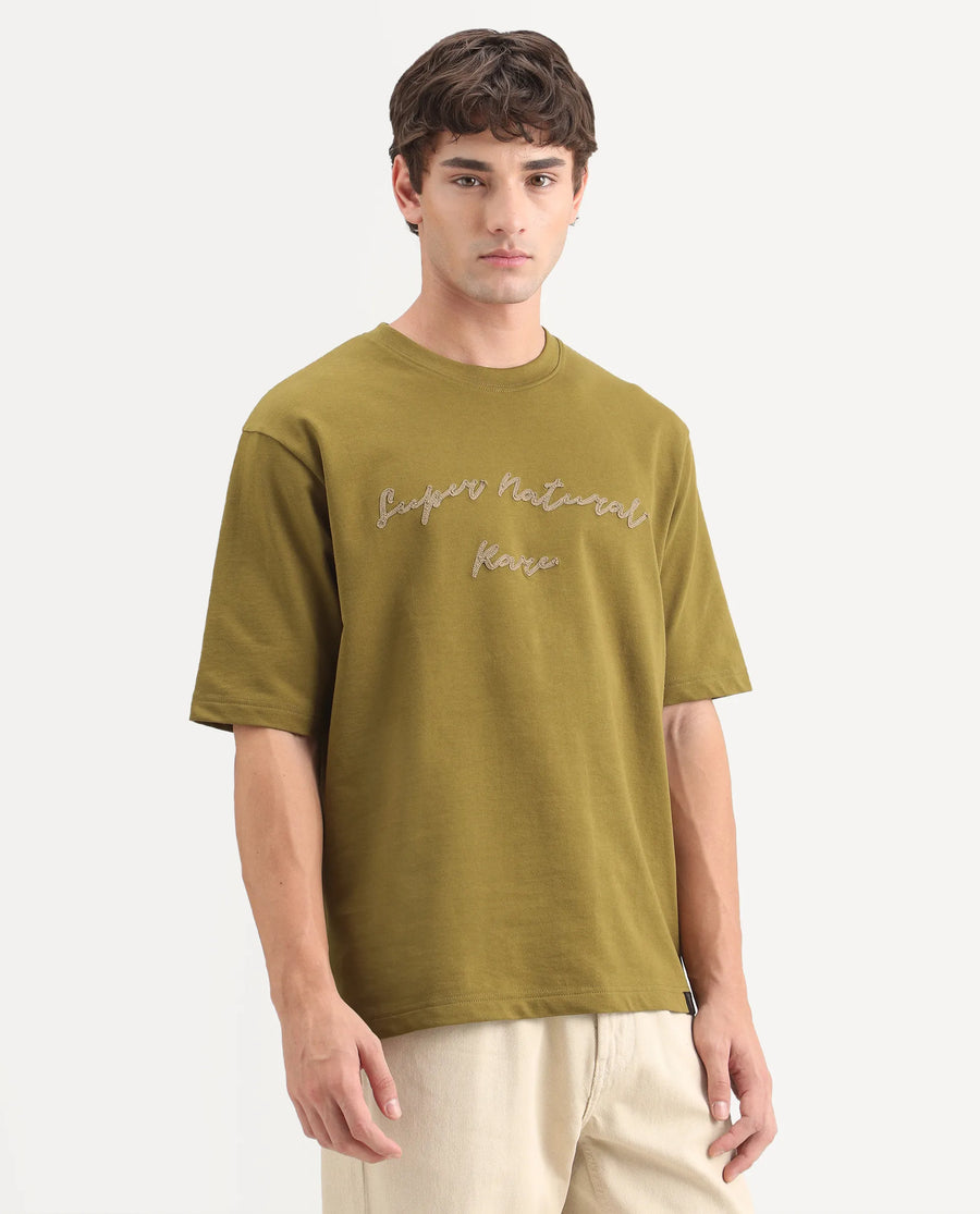 Rare Rabbit Men's Tuft Olive Cotton Crew Neck Regular Embroidered T-Shirt