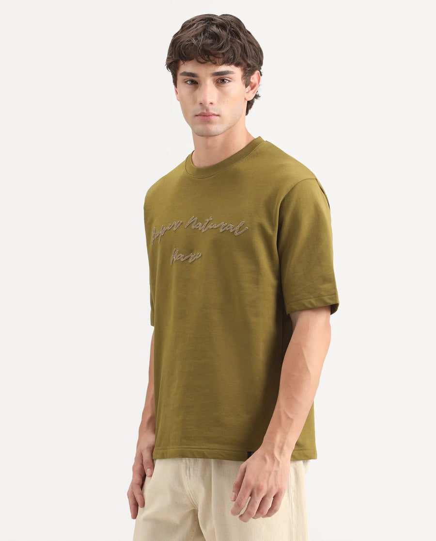Rare Rabbit Men's Tuft Olive Cotton Crew Neck Regular Embroidered T-Shirt