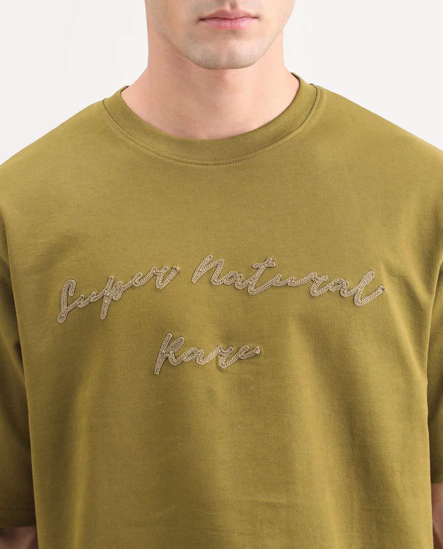 Rare Rabbit Men's Tuft Olive Cotton Crew Neck Regular Embroidered T-Shirt