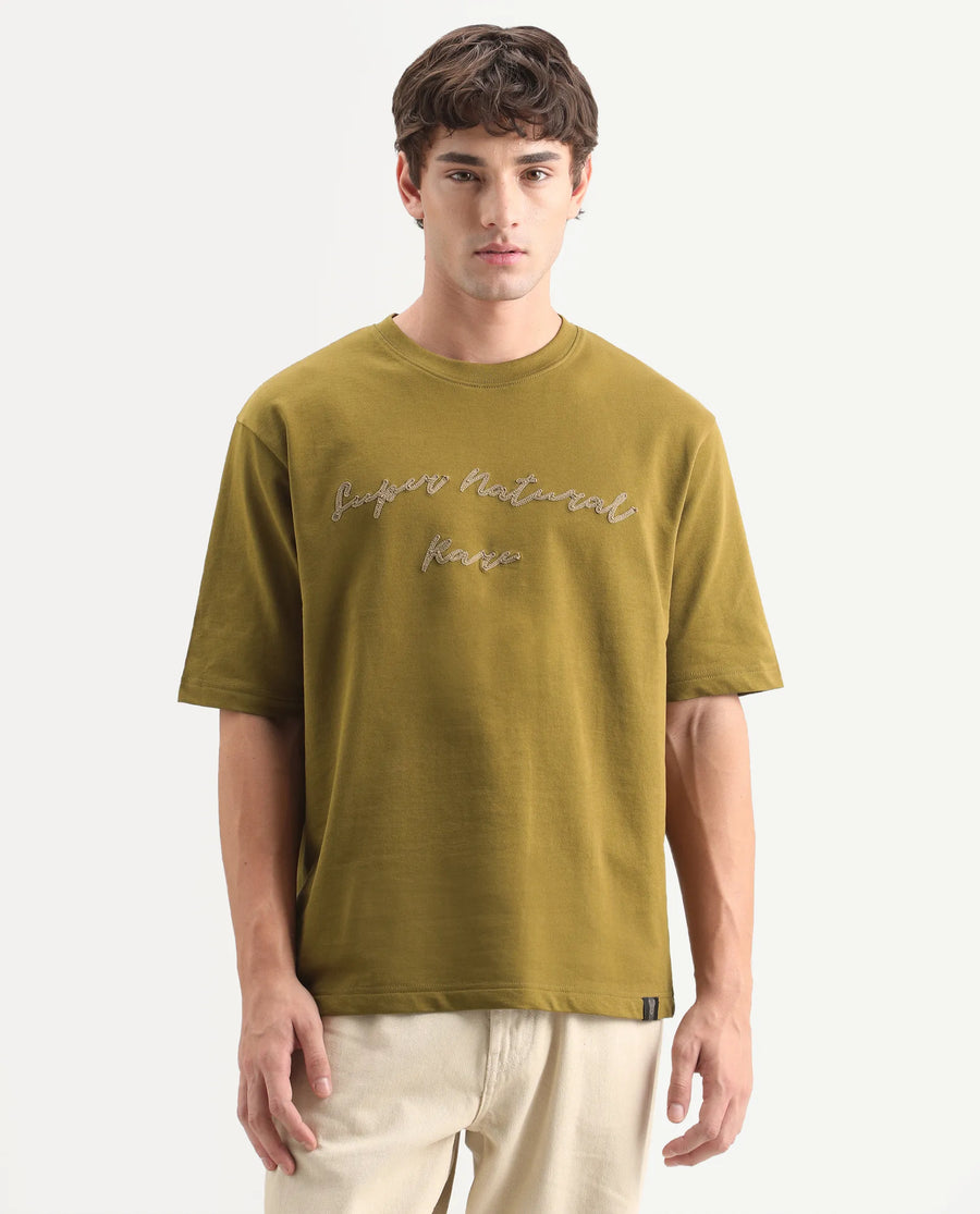 Rare Rabbit Men's Tuft Olive Cotton Crew Neck Regular Embroidered T-Shirt