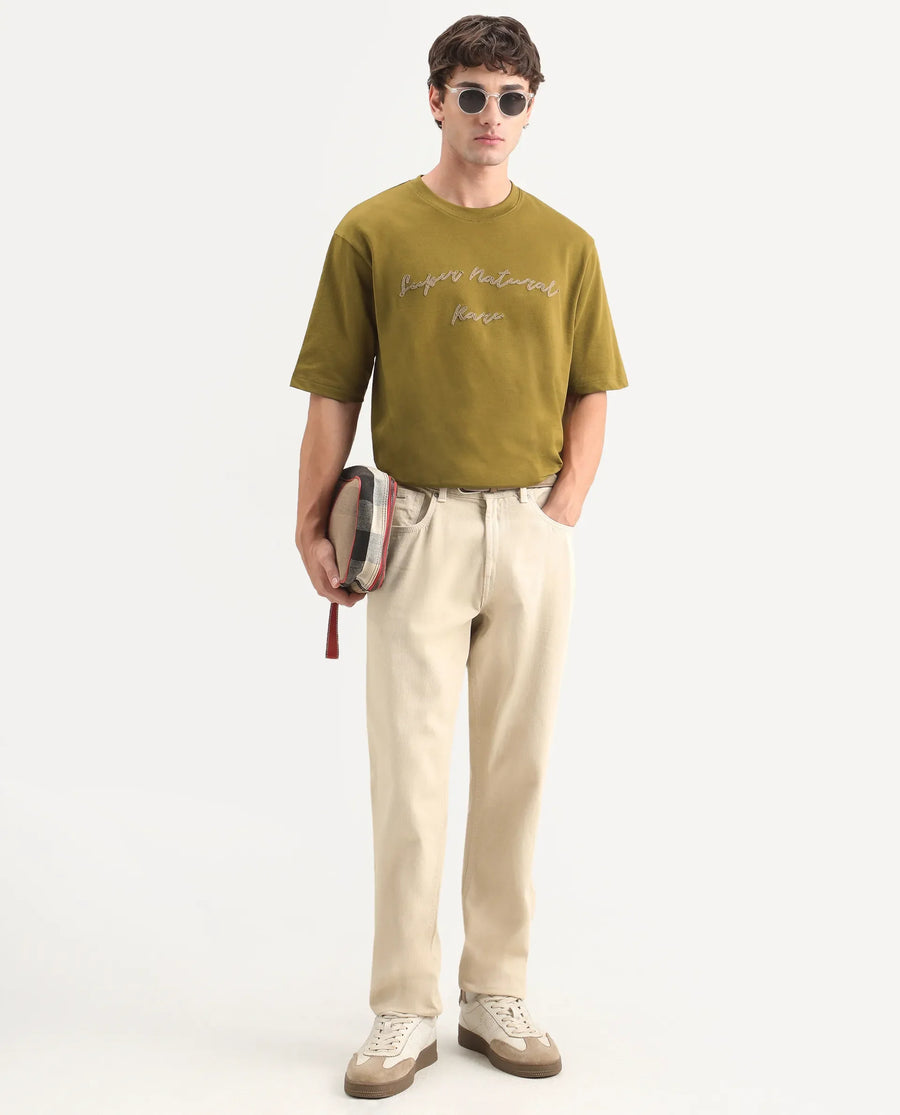 Rare Rabbit Men's Tuft Olive Cotton Crew Neck Regular Embroidered T-Shirt