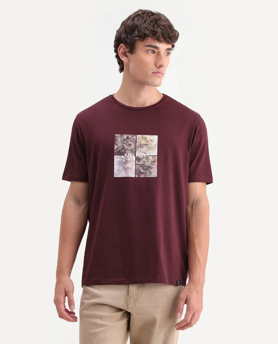 Rare Rabbit Men's Dral Dark Maroon Cotton Blend Crew Neck Regular Graphic Print T-Shirt