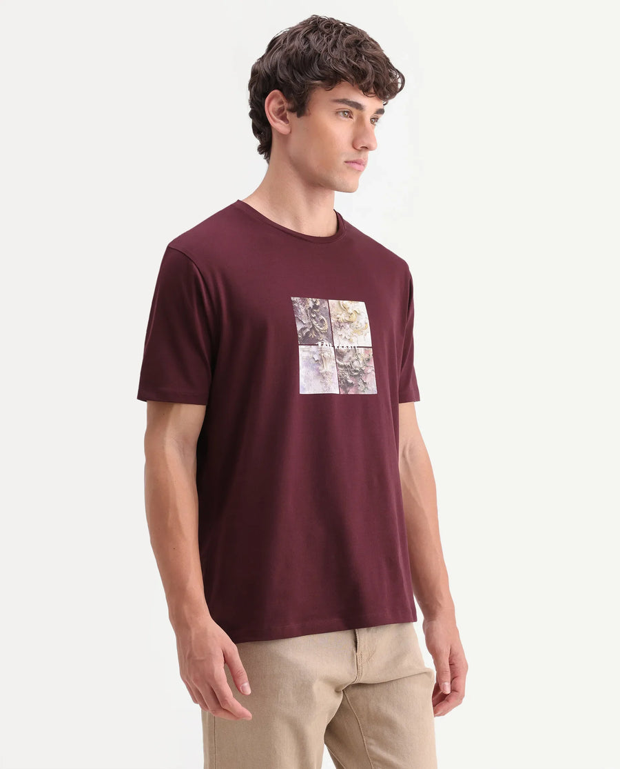 Rare Rabbit Men's Dral Dark Maroon Cotton Blend Crew Neck Regular Graphic Print T-Shirt