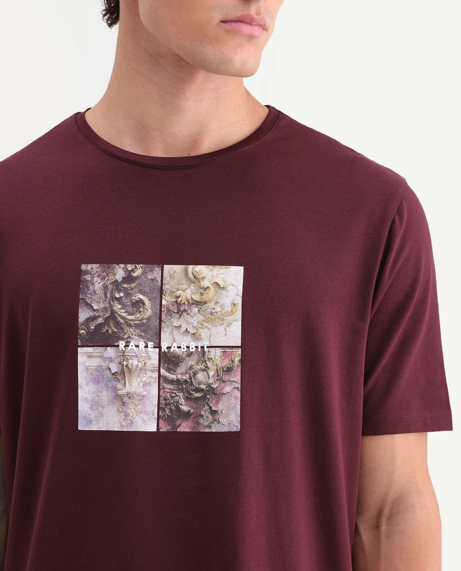 Rare Rabbit Men's Dral Dark Maroon Cotton Blend Crew Neck Regular Graphic Print T-Shirt