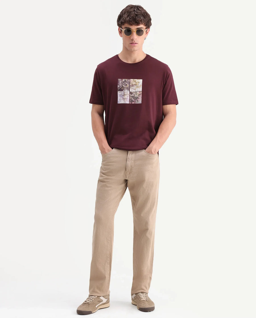 Rare Rabbit Men's Dral Dark Maroon Cotton Blend Crew Neck Regular Graphic Print T-Shirt