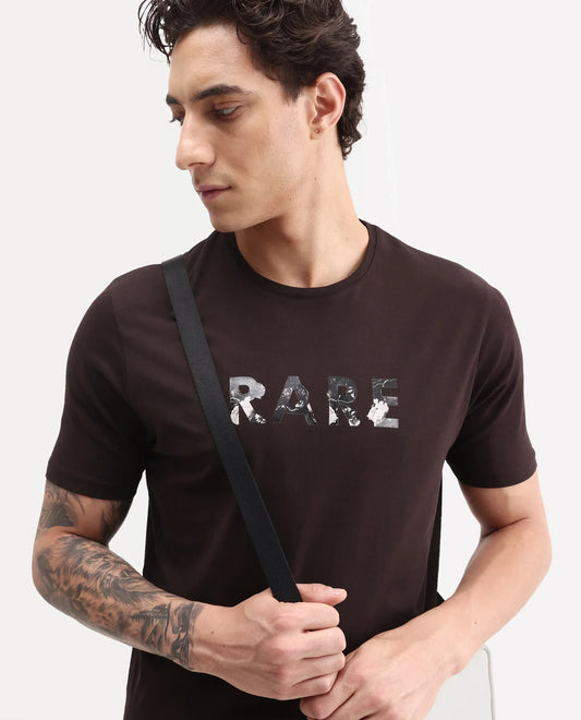 Rare Rabbit Men's Flir Dark Brown Cotton Blend Crew Neck Regular Graphic Print T-Shirt