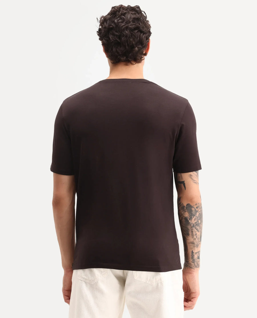 Rare Rabbit Men's Flir Dark Brown Cotton Blend Crew Neck Regular Graphic Print T-Shirt