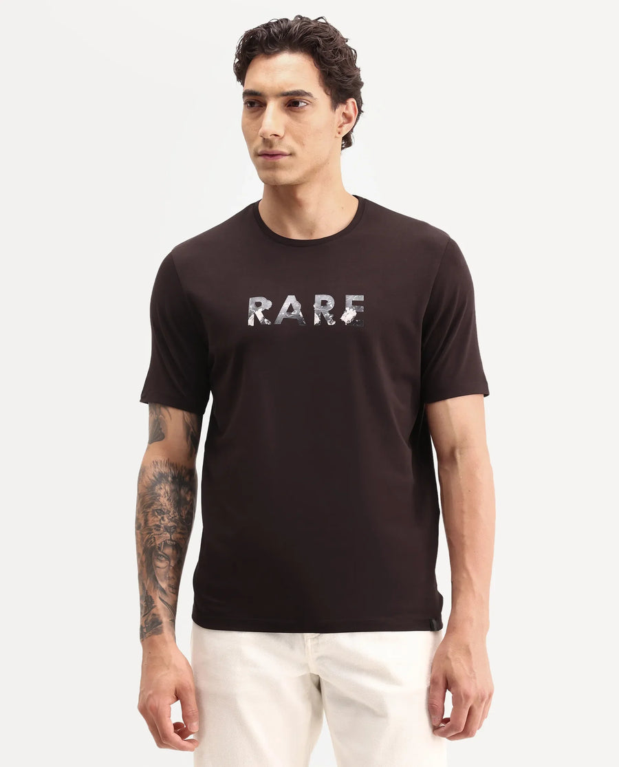 Rare Rabbit Men's Flir Dark Brown Cotton Blend Crew Neck Regular Graphic Print T-Shirt