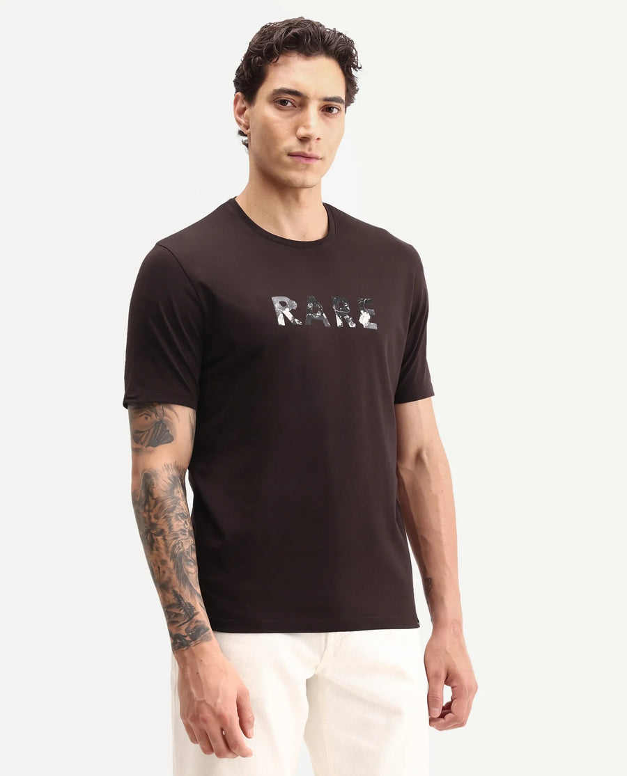 Rare Rabbit Men's Flir Dark Brown Cotton Blend Crew Neck Regular Graphic Print T-Shirt