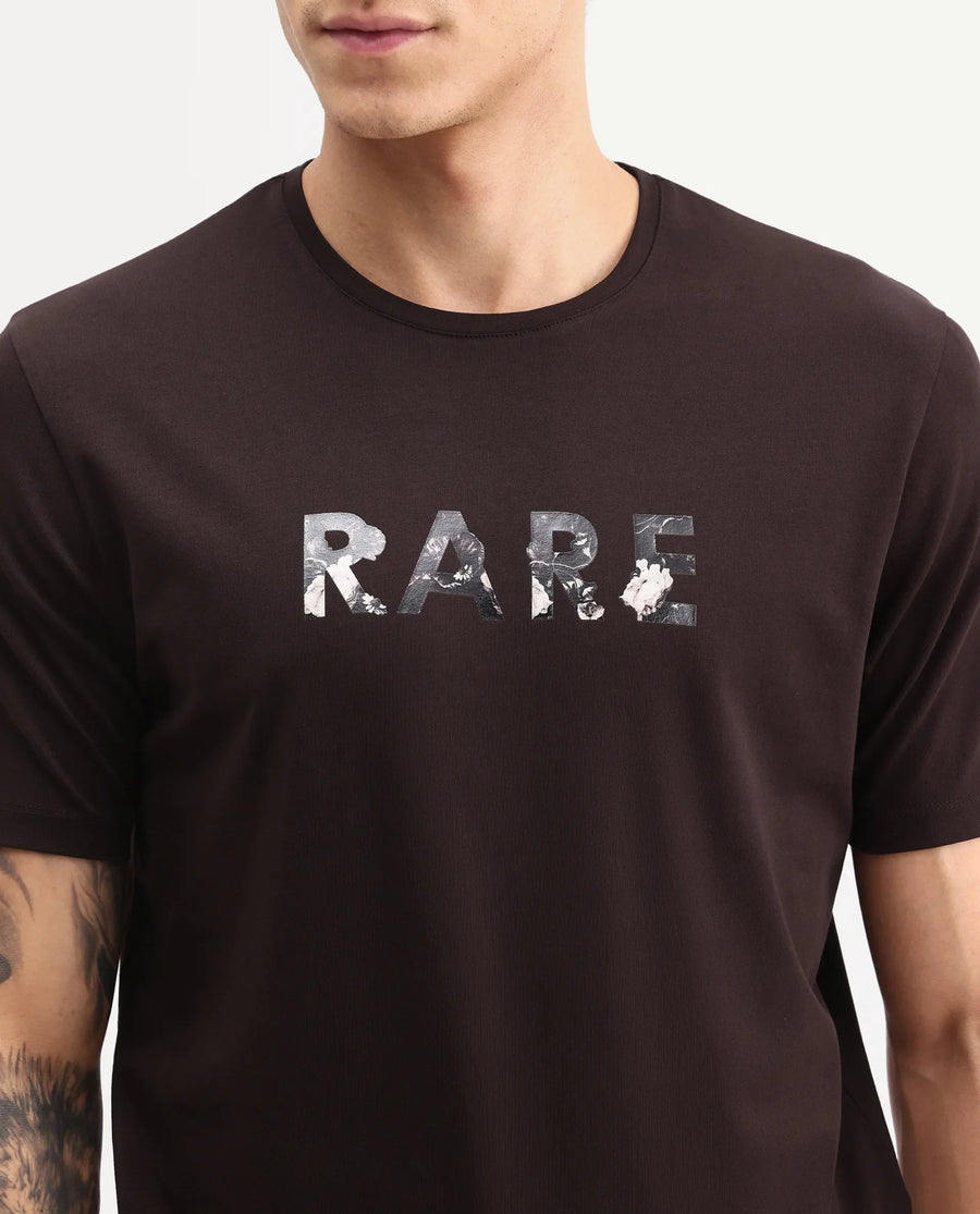 Rare Rabbit Men's Flir Dark Brown Cotton Blend Crew Neck Regular Graphic Print T-Shirt
