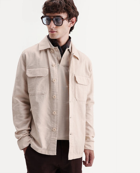 Rare Rabbit Men's Prest-Aw26 Off White Cotton Spread Collar Button Relaxed Plain Shacket