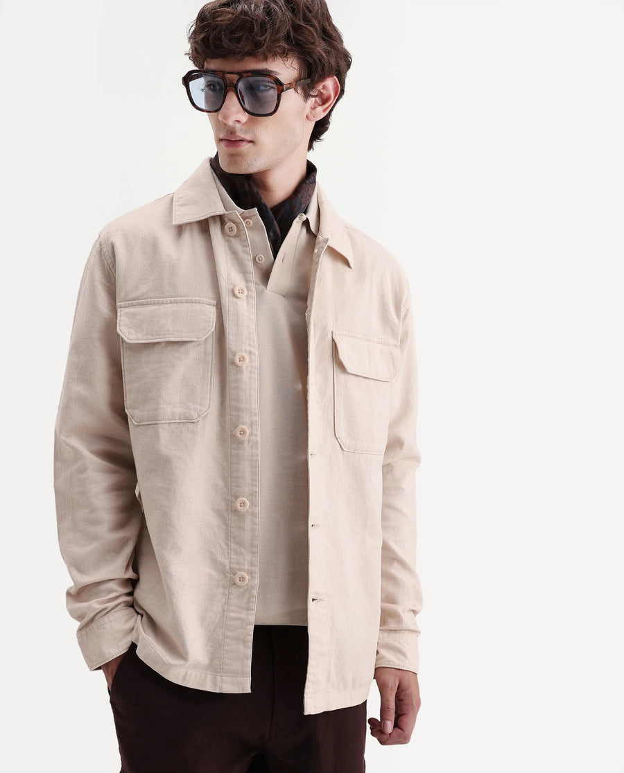 Rare Rabbit Men's Prest-Aw26 Off White Cotton Spread Collar Button Relaxed Plain Shacket