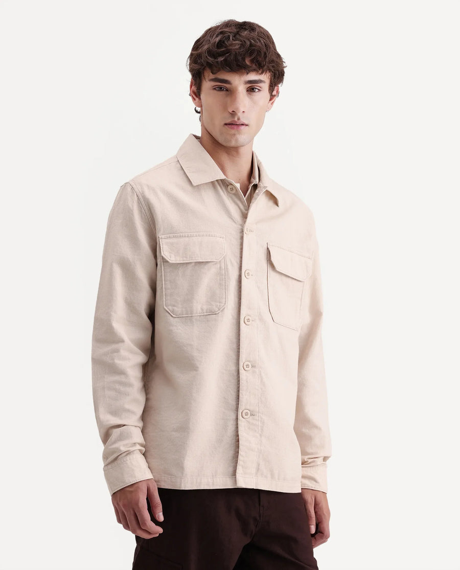 Rare Rabbit Men's Prest-Aw26 Off White Cotton Spread Collar Button Relaxed Plain Shacket