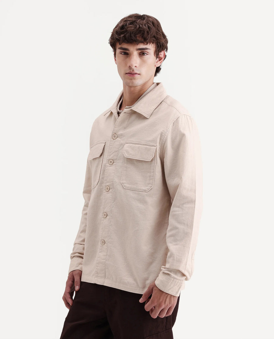 Rare Rabbit Men's Prest-Aw26 Off White Cotton Spread Collar Button Relaxed Plain Shacket