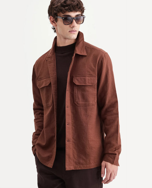 Rare Rabbit Men's Prest-Aw26 Rust Cotton Spread Collar Button Relaxed Plain Shacket