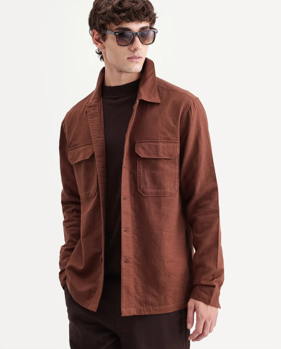 Rare Rabbit Men's Prest-Aw26 Rust Cotton Spread Collar Button Relaxed Plain Shacket